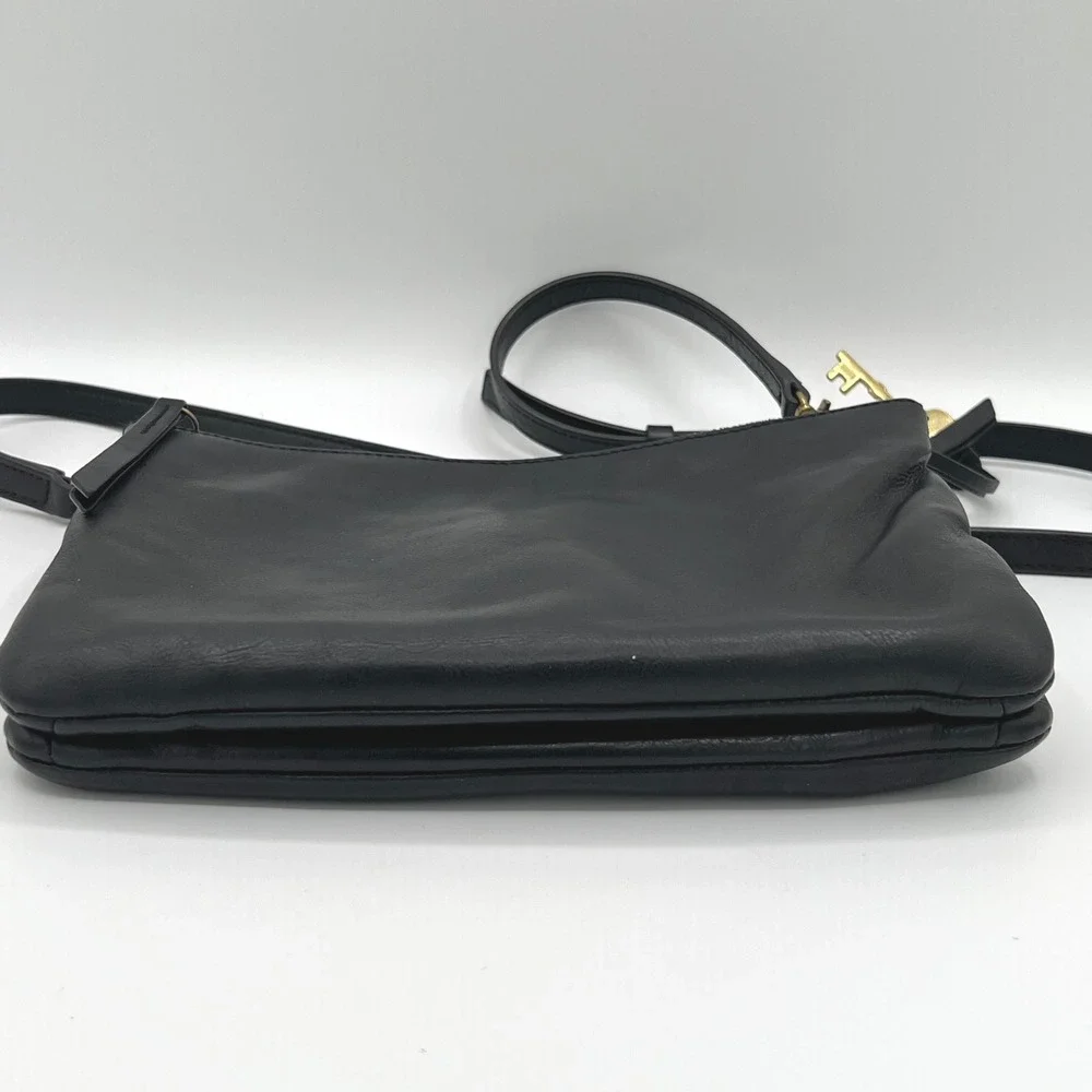 Fossil 1954 Collection Black Leather Crossbody Bag Gold Key Charm Retro Vacation